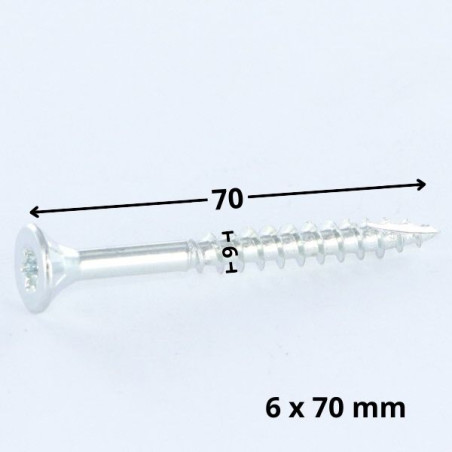 1 x Tornillos para madera TEKOR cabeza fresada/testa svasat dentado 6X70 roscado en 42 TORX T30 Acero cincado blanco cut