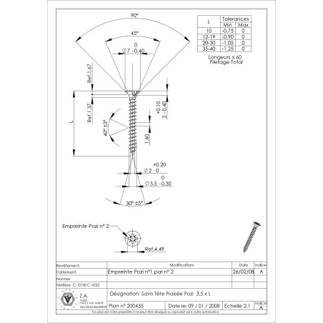 1 x Tornillo madera aglomerado cabeza fresada/testa svasat Pozi PZ4 3.5X25 roscado total Acero cincado blanco