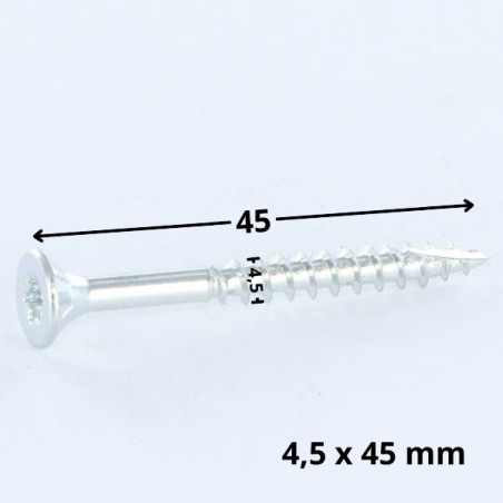 1 x Tornillos para madera TEKOR cabeza fresada/testa svasat dentado 4.5X45 TORX T25 Acero cincado blanco roscado total cut