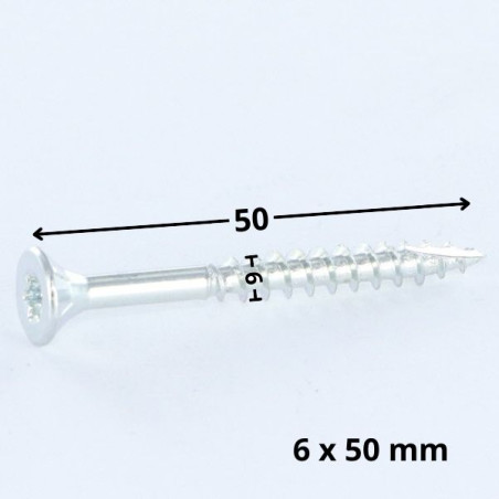 1 x Tornillos para madera TEKOR cabeza fresada/testa svasat dentado 6X50 TORX T30 Acero cincado blanco roscado total cut