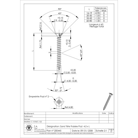 1 x Tornillo madera aglomerado cabeza fresada/testa svasat Pozi PZ4 4.5X25 roscado total Acero cincado negro