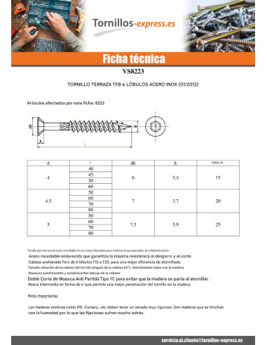 1 x Tornillo terraza TEKOR cabeza fresada...