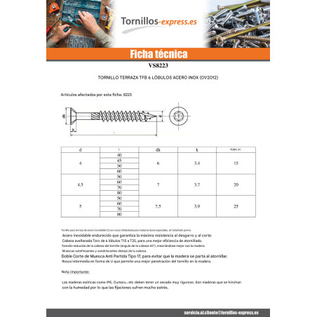 1 x Tornillo terraza TEKOR cabeza fresada abombada TORX T20 4.5X80 cut punta antihendidura tipo 17 Inox C2