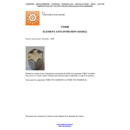 1 x ELEMENTO ANTIINTRUSIÓN TORX T40 Acero cincado blanco