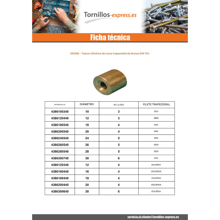 1 x Tuerca cilíndrico Varilla roscada trapezoidal recta 20X4 Bronce