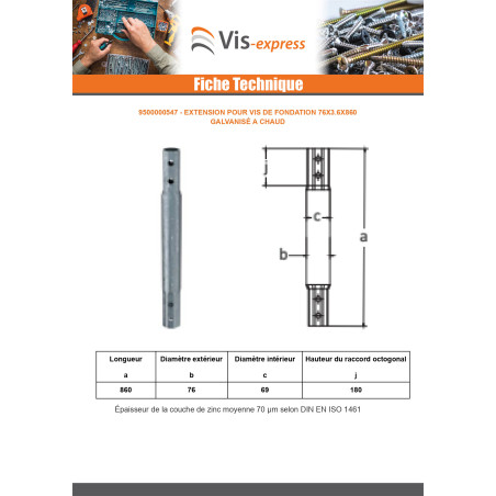 1 x Extensión para tornillos de cimentación 76X3.6X860 fuerte resistencia a la corrosión Acero galvanizado en caliente