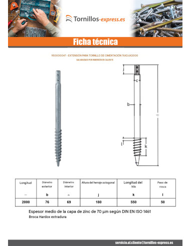1 x Tornillo de cimentación 76X3.6X2000 fuerte...
