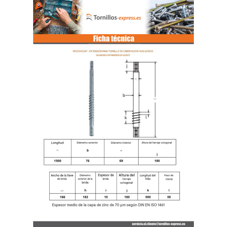 1 x Extensión para tornillos de cimentación 76X3.6X1500 fuerte resistencia a la corrosión Acero galvanizado en caliente