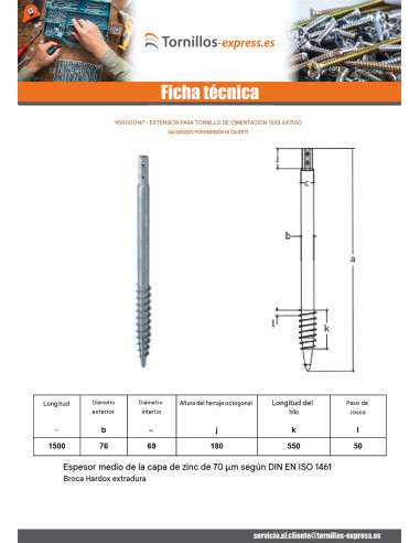 1 x Tornillo de cimentación 76X3.6X1500 fuerte...