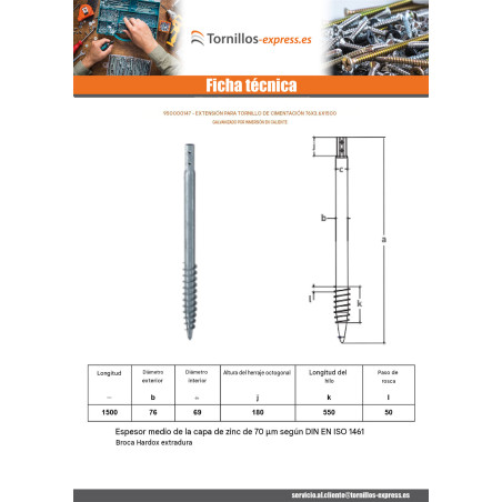 1 x Tornillo de cimentación 76X3.6X1500 fuerte resistencia a la corrosión Acero galvanizado en caliente