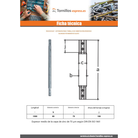 1 x Extensión para tornillos de cimentación 76X3.6X1500 fuerte resistencia a la corrosión Acero galvanizado en caliente