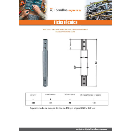 1 x Extensión para tornillos de cimentación 89X5X860 fuerte resistencia a la corrosión Acero galvanizado en caliente