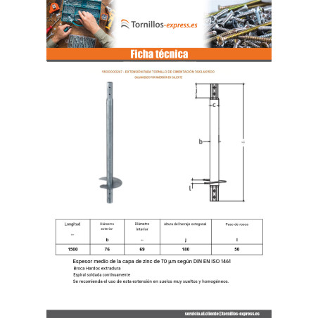 1 x Extensión para tornillos de cimentación 76X3.6X1500 fuerte resistencia a la corrosión Acero galvanizado en caliente