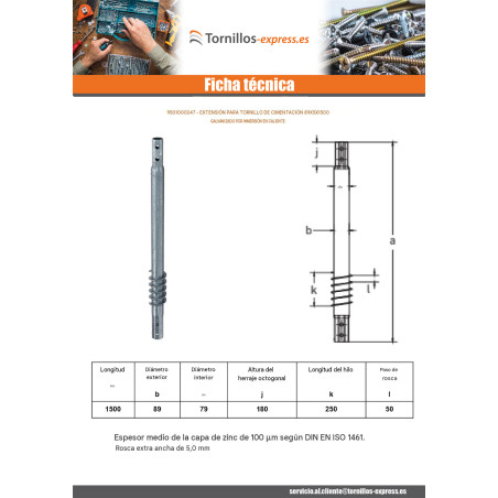 1 x Extensión para tornillos de cimentación 89X5X1500 fuerte resistencia a la corrosión Acero galvanizado en caliente