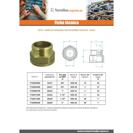 1 x Pezón hexagonal Figura 529 macho hembra 26x34 (1") Latón