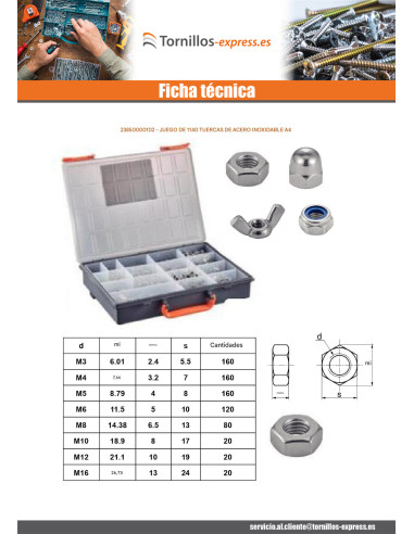 1 x Surtido de 1140 Tuerca Inoxidable A4