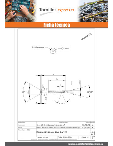 1 x Tornillo pernio 7X50 roscado parcial TORX...