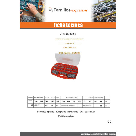 1 x Surtido de 1700 Tornillos para madera TEKOR cabeza fresada/testa svasat TORX cut punta antihendidura tipo 17 Acero