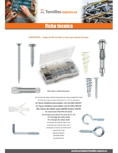 1 x Surtido de 455 Tornillo y Taco placa de yeso