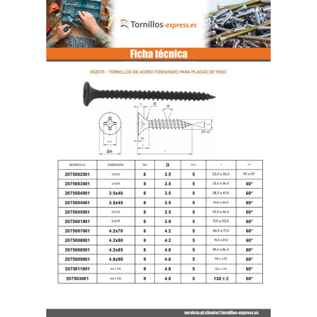 1 x Tornillo para placa de yeso Tornillo TTPC Phillips 2 3.5X40 Acero fosfatado