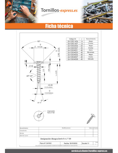 1 x Tornillo pernio 5X40 roscado total TORX T20...