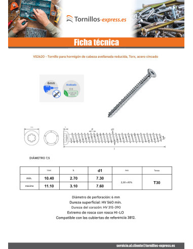 1 x Tornillo Hormigón cabeza fresada/testa...