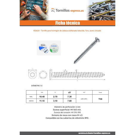 1 x Tornillo Hormigón cabeza fresada/testa svasat ROJO 7.5X120 TORX T30 Bicromato RAL9016 blanco tráfico