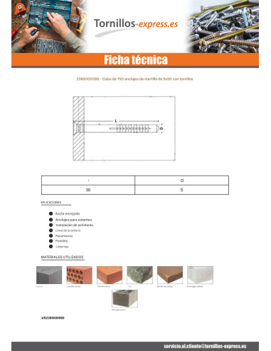 1 x Balde de 750 Taco para clavar con Tornillo...