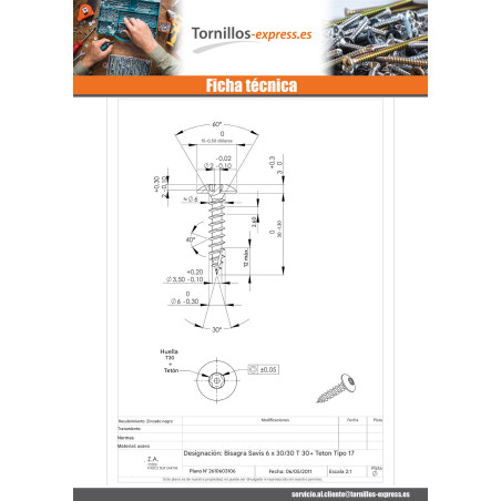 1 x Tornillo pernio Seguridad 6X30 roscado en 30 T30+TET cut punta antihendidura tipo 17 Acero cincado negro