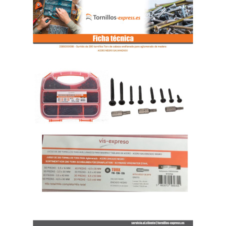 1 x Surtido de 280 Tornillo madera aglomerado cabeza fresada/testa svasat TORX Acero cincado negro Punta