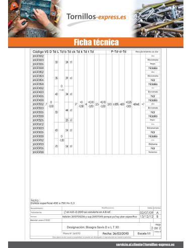 1 x Tornillo pernio 7X60 roscado total TORX T30...