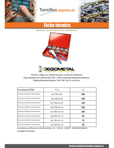 1 x Surtido de Alicates GO7550 + 1000 Remache...