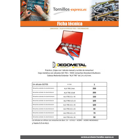 1 x Surtido de Alicates GO7550 + 1000 Remache DEGOMETAL