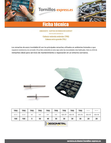 1 x Surtido de 500 Remache GORIVETO Inoxidable...