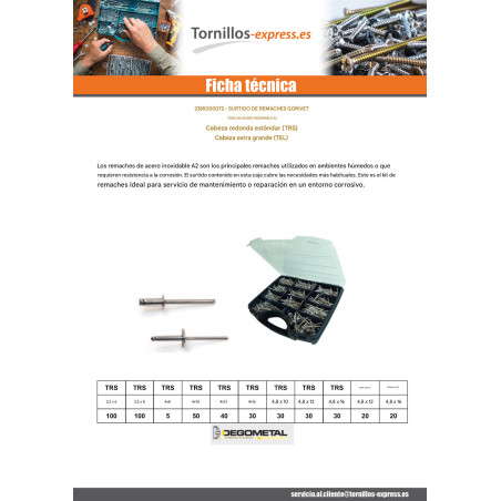 1 x Surtido de 500 Remache GORIVETO Inoxidable A2 DEGOMETAL