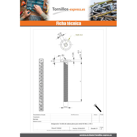 1 x Tornillo metales plano llave de 4 M6X20 Acero cincado negro