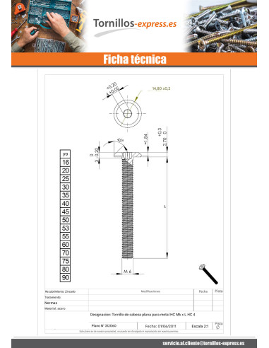 1 x Tornillo metales plano llave de 4 M6X40...