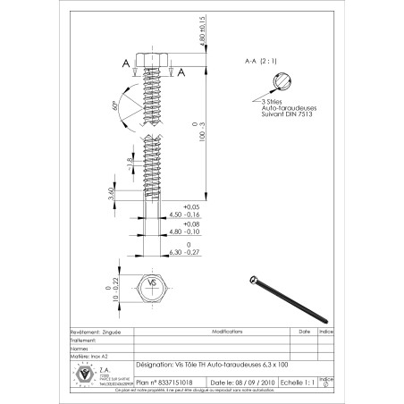 1 x Tornillo chapa autorroscante cabeza hexagonal 6.3X100 Inoxidable A2 Acero cincado blanco