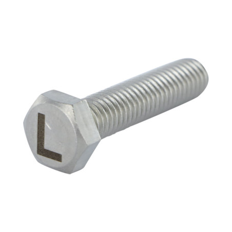 1 x Tornillo metales cabeza hexagonal 8X35 Inoxidable A4 con grabado de letras "L"