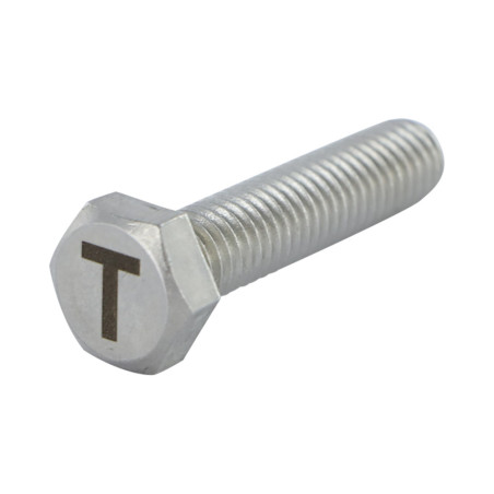 1 x Tornillo metales cabeza hexagonal 8X35 Inoxidable A4 con grabado de letras "T"