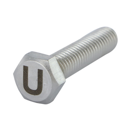 1 x Tornillo metales cabeza hexagonal 8X35 Inoxidable A4 con grabado de letras "U"