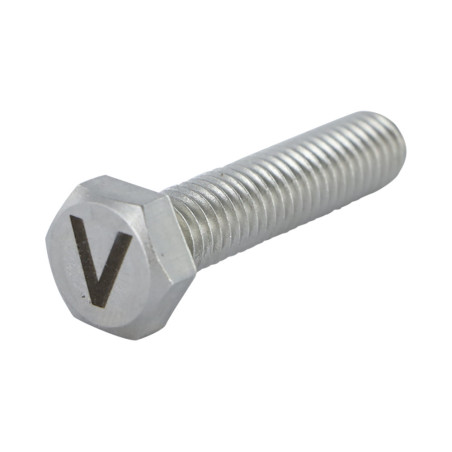 1 x Tornillo metales cabeza hexagonal 8X35 Inoxidable A4 con grabado de letras "V"